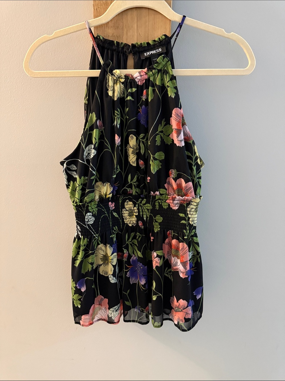 EXPRESS Black Floral Halter Top with Pink, Green & Purple Blooms, XS